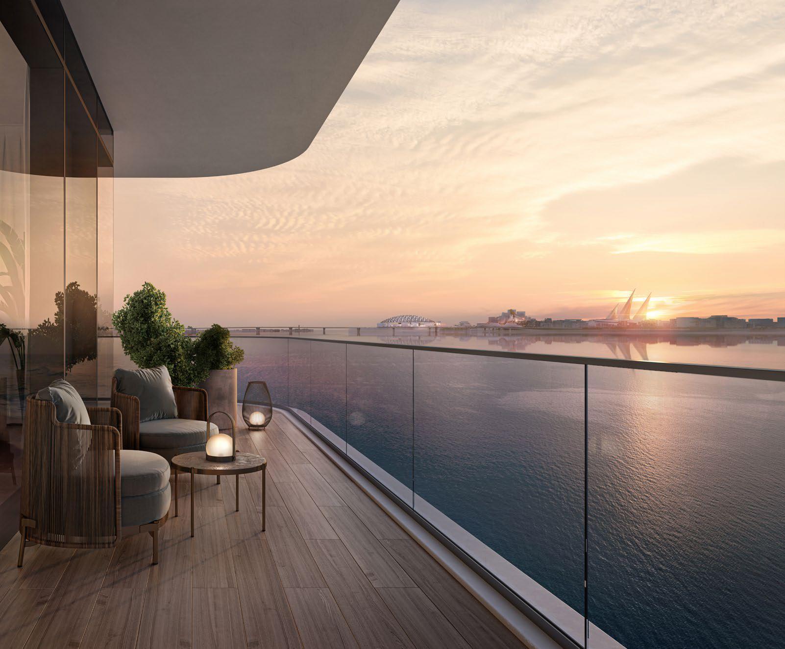 Sunset panoramic view from Sunstone by IMKAN, Abu Dhabi Sky Tower waterfront apartments.